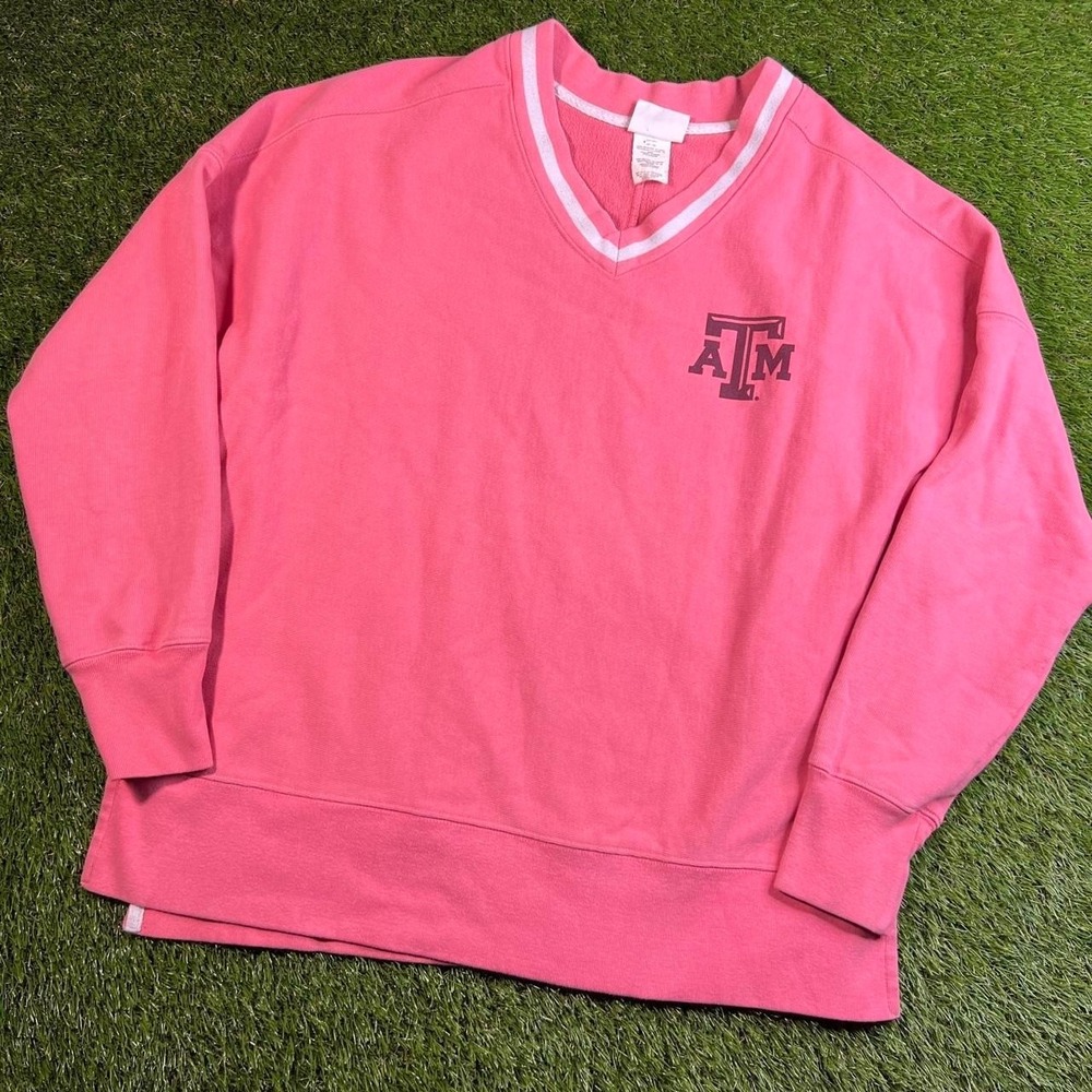 Champion Texas A&M Womens M Pink V-Neck Reverse Weave Fleece Sweatshirt Pullover